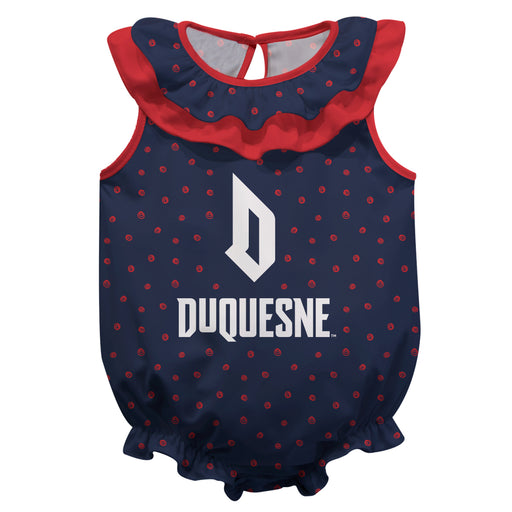 Duquesne Dukes Swirls Blue Sleeveless Ruffle Onesie Logo Bodysuit