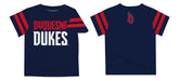 Duquesne Dukes Vive La Fete Boys Game Day Blue Short Sleeve Tee with Stripes on Sleeves - Vive La Fête - Online Apparel Store