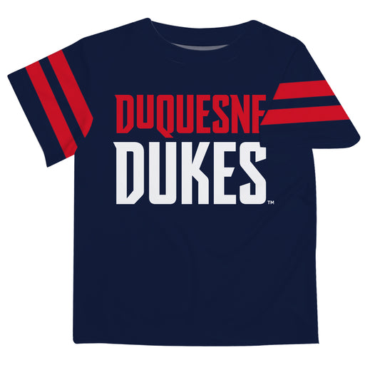 Duquesne Dukes Vive La Fete Boys Game Day Blue Short Sleeve Tee with Stripes on Sleeves - Vive La Fête - Online Apparel Store