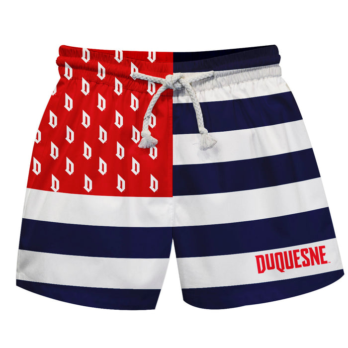 Duquesne Dukes Vive La Fete Game Day Blue White Red Flag Swimtrunks V1