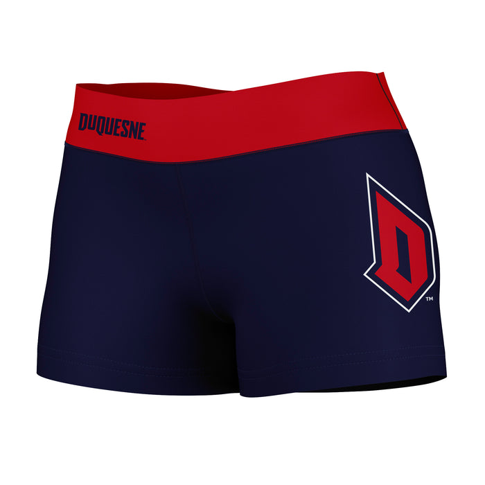 Duquesne Dukes Vive La Fete Logo on Thigh & Waistband Blue Red Women Yoga Booty Workout Shorts 3.75 Inseam