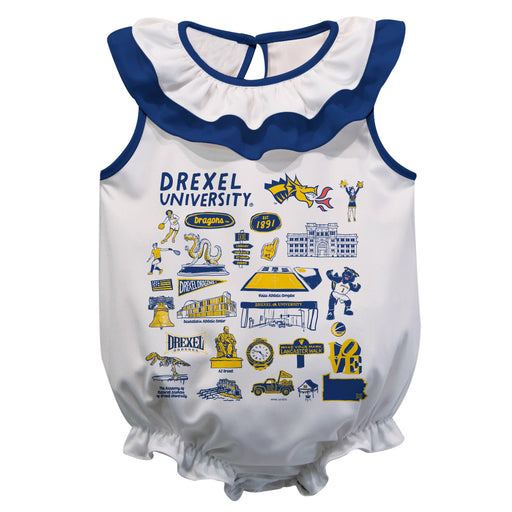 Drexel University Dragons  White Hand Sketched Vive La Fete Impressions Artwork Sleeveless Ruffle Onesie Bodysuit