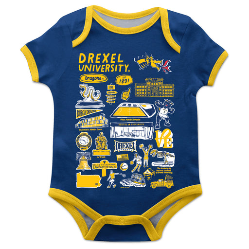 Drexel University Dragons Hand Sketched Vive La Fete Impressions Artwork Infant Blue Short Sleeve Onesie Bodysuit
