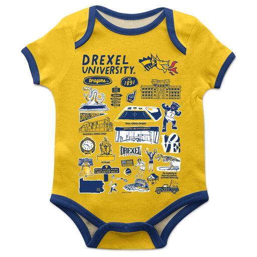 Drexel University Dragons Hand Sketched Vive La Fete Impressions Artwork Infant Gold Short Sleeve Onesie Bodysuit