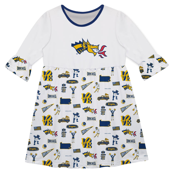Drexel University Dragons 3/4 Sleeve Solid White Repeat Print Hand Sketched Vive La Fete Impressions Artwork on Skirt
