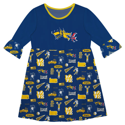 Drexel University Dragons 3/4 Sleeve Solid Blue Repeat Print Hand Sketched Vive La Fete Impressions Artwork on Skirt