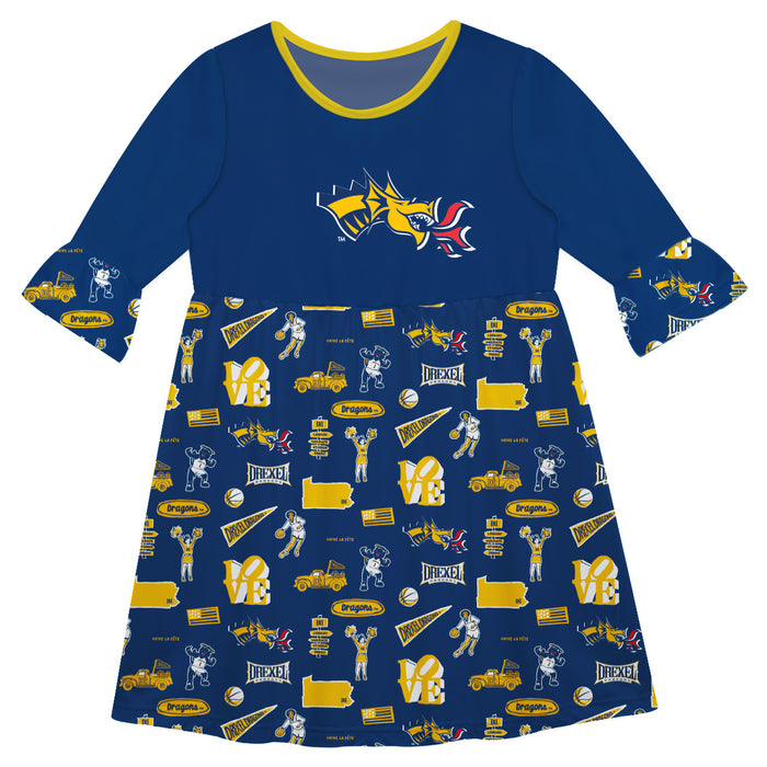 Drexel University Dragons 3/4 Sleeve Solid Blue Repeat Print Hand Sketched Vive La Fete Impressions Artwork on Skirt