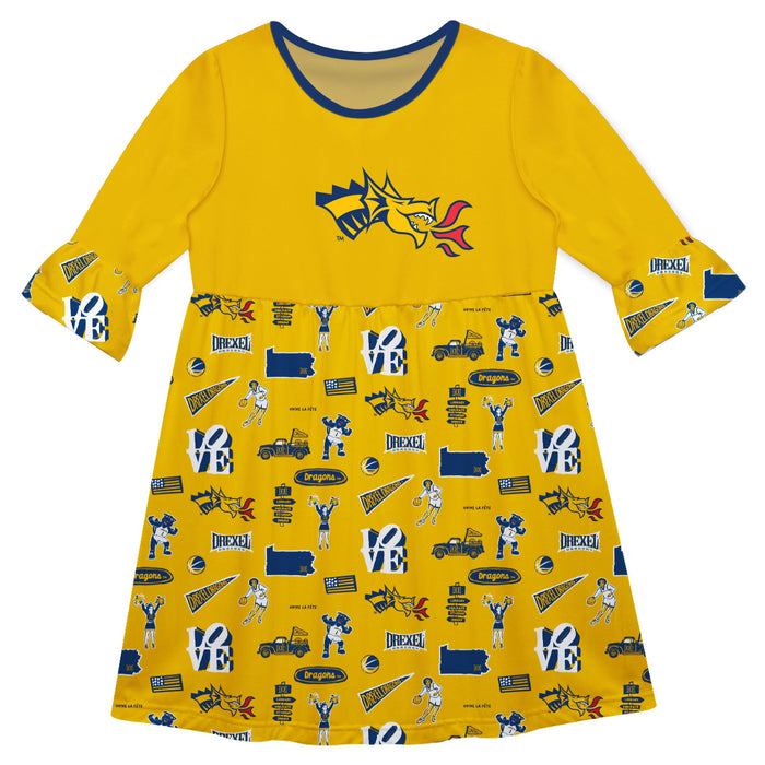 Drexel University Dragons 3/4 Sleeve Solid Gold Repeat Print Hand Sketched Vive La Fete Impressions Artwork on Skirt