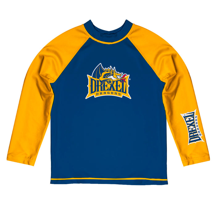 Drexel University Dragons Vive La Fete Logo Blue Gold Long Sleeve Raglan Rashguard