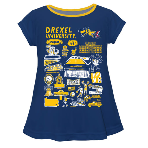 Drexel University Dragons Hand Sketched Vive La Fete Impressions Artwork Blue Short Sleeve Top