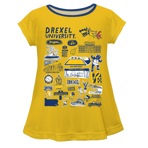 Drexel University Dragons Hand Sketched Vive La Fete Impressions Artwork Gold Short Sleeve Top