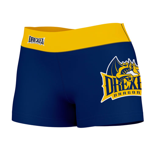 Drexel Dragon Vive La Fete Logo on Thigh & Waistband Blue Gold Women Yoga Booty Workout Shorts 3.75 Inseam