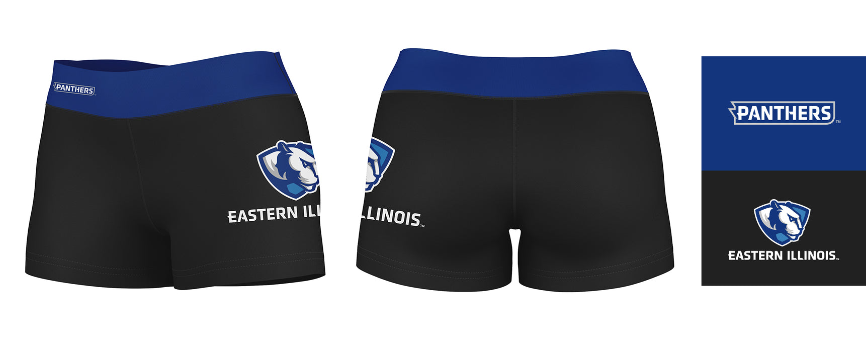 Eastern Illinois Panthers EIU Logo on Thigh & Waistband Black & Blue Women Yoga Booty Workout Shorts 3.75 Inseam - Vive La Fête - Online Apparel Store