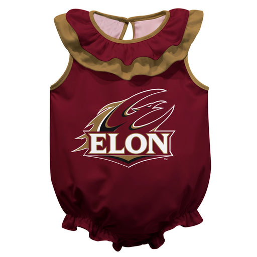 Elon University PhoenixMaroon Sleeveless Ruffle Onesie Logo Bodysuit by Vive La Fete