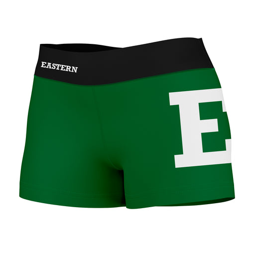 Eastern Michigan Eagles Vive La Fete Logo on Thigh & Waistband Green Black Women Yoga Booty Workout Shorts 3.75 Inseam