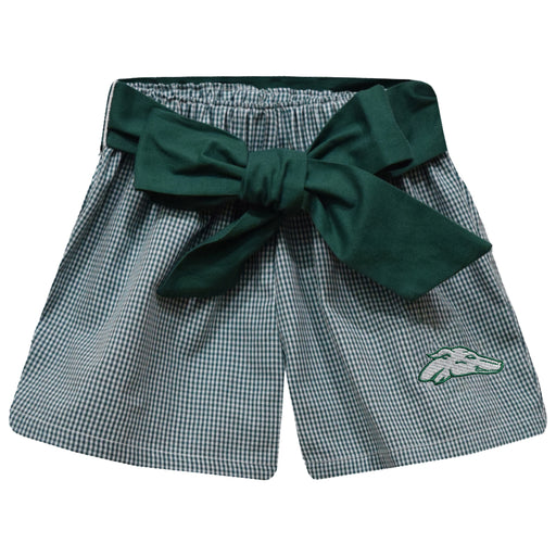 ENMU Eastern New Mexico Greyhounds Embroidered Hunter Green Gingham Girls Short with Sash