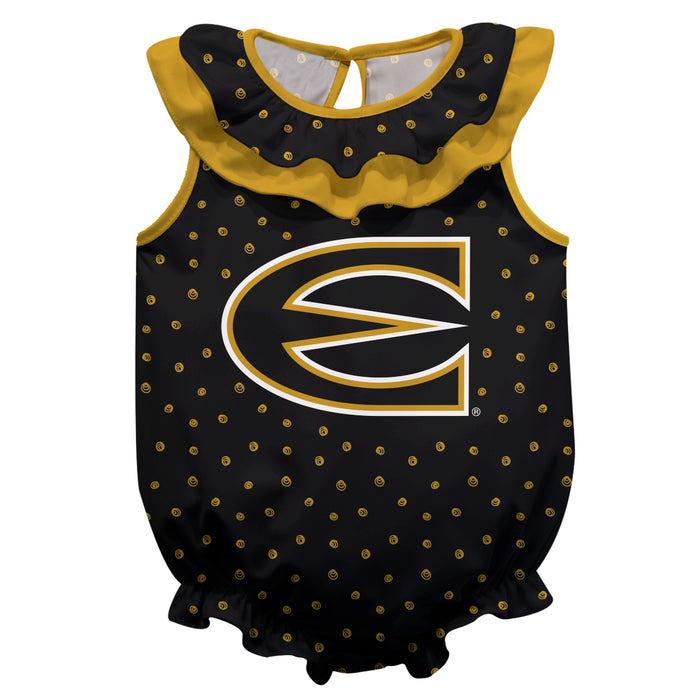 Emporia State Hornets Swirls Black Sleeveless Ruffle Onesie Logo Bodysuit
