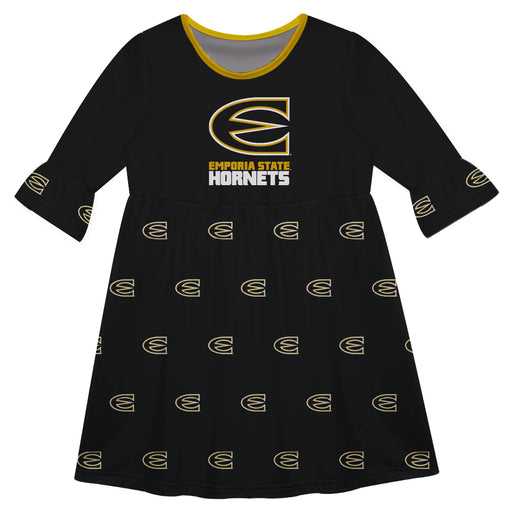Emporia State Hornets Vive La Fete Girls Game Day 3/4 Sleeve Solid Black All Over Logo on Skirt