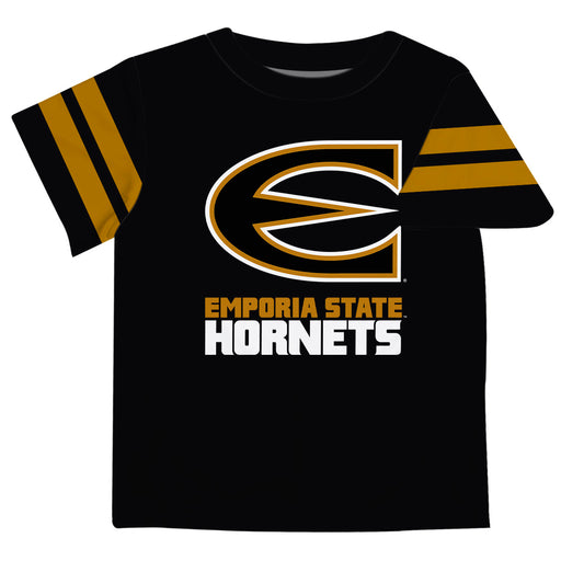 Emporia State Hornets Vive La Fete Boys Game Day Black Short Sleeve Tee with Stripes on Sleeves