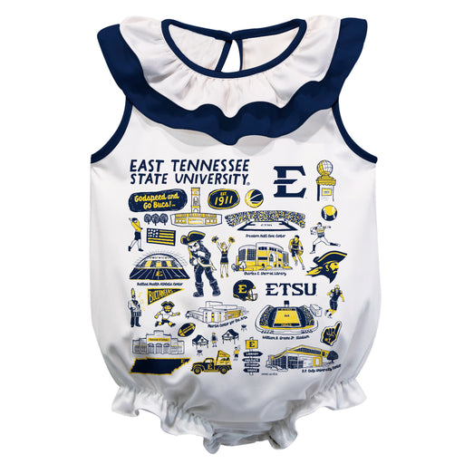 East Tennessee Buccaneers  White Hand Sketched Vive La Fete Impressions Artwork Sleeveless Ruffle Onesie Bodysuit