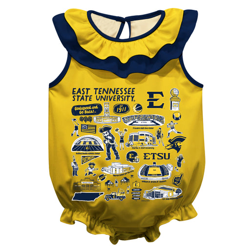 East Tennessee Buccaneers  Gold Hand Sketched Vive La Fete Impressions Artwork Sleeveless Ruffle Onesie Bodysuit
