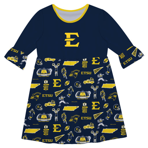 East Tennessee Buccaneers 3/4 Sleeve Solid Navy Repeat Print Hand Sketched Vive La Fete Impressions Artwork on Skirt