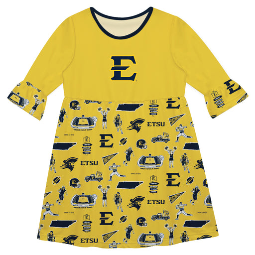 East Tennessee Buccaneers 3/4 Sleeve Solid Gold Repeat Print Hand Sketched Vive La Fete Impressions Artwork on Skirt