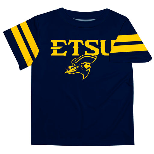 East Tennessee Buccaneers Vive La Fete Boys Game Day Blue Short Sleeve Tee with Stripes on Sleeves