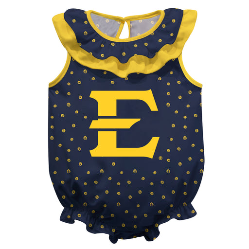 ETSU Buccaneers Swirls Blue Sleeveless Ruffle Onesie Logo Bodysuit