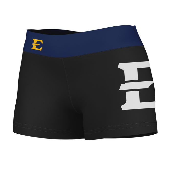 ETSU Buccaneers Vive La Fete Logo on Thigh & Waistband Black & Navy Women Yoga Booty Workout Shorts 3.75 Inseam"