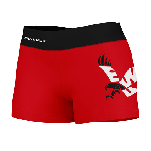 Eastern Washington Eagles Vive La Fete Logo on Thigh & Waistband Red Black Women Yoga Booty Workout Shorts 3.75 Inseam