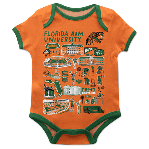 Florida A&M University Rattlers Hand Sketched Vive La Fete Impressions Artwork Infant Orange Short Sleeve Onesie Bodysui
