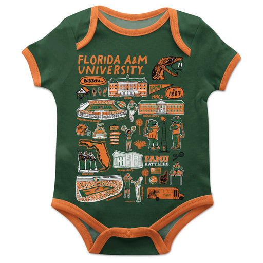 Florida A&M University Rattlers Hand Sketched Vive La Fete Impressions Artwork Infant Green Short Sleeve Onesie Bodysuit
