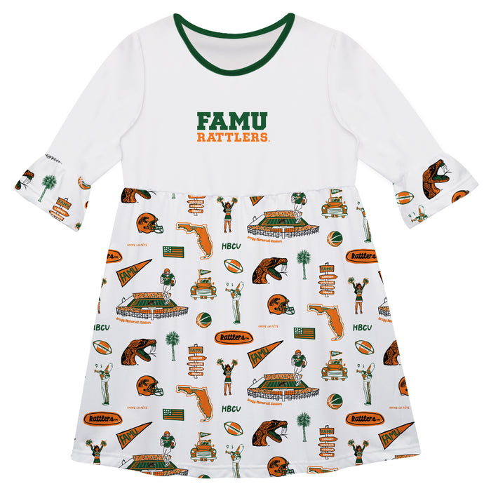 Florida A&M Rattlers 3/4 Sleeve Solid White Repeat Print Hand Sketched Vive La Fete Impressions Artwork on Skirt