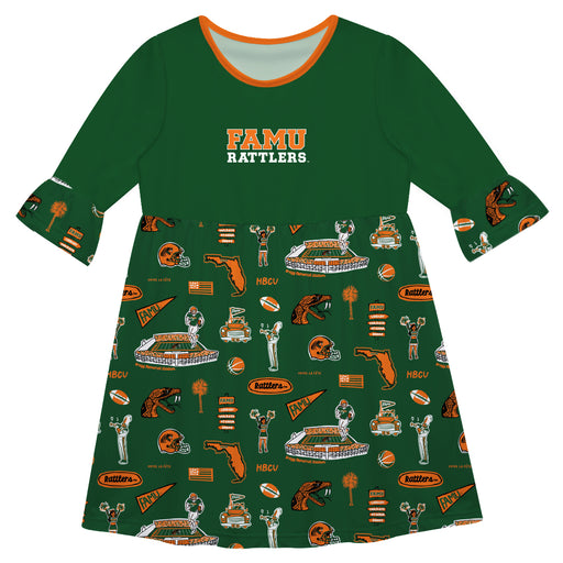 Florida A&M Rattlers 3/4 Sleeve Solid Green Repeat Print Hand Sketched Vive La Fete Impressions Artwork on Skirt