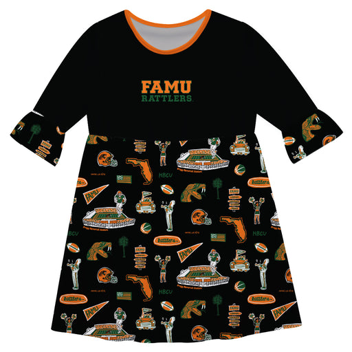 Florida A&M Rattlers 3/4 Sleeve Solid Black Repeat Print Hand Sketched Vive La Fete Impressions Artwork on Skirt