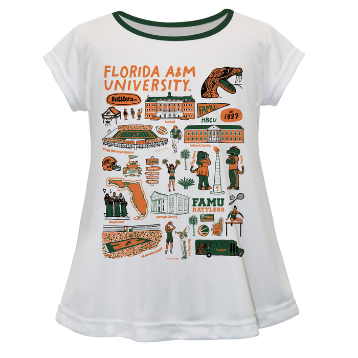 Florida A&M University Rattlers Hand Sketched Vive La Fete Impressions Artwork White Short Sleeve Top