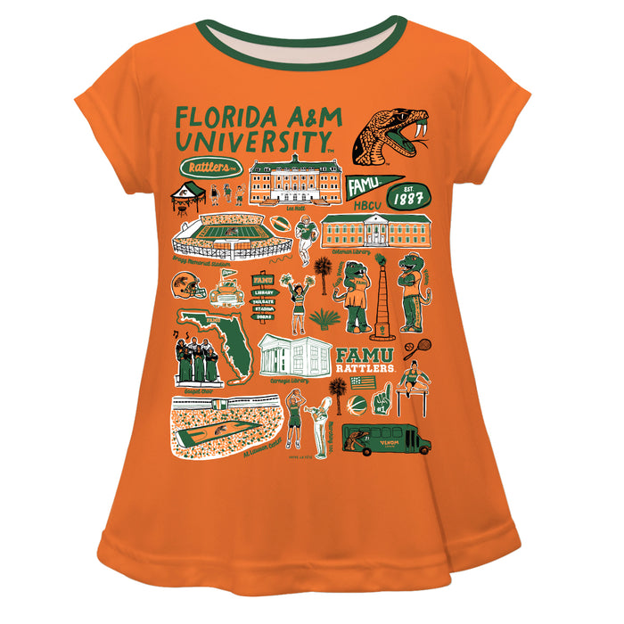 Florida A&M University Rattlers Hand Sketched Vive La Fete Impressions Artwork Orange Short Sleeve Top