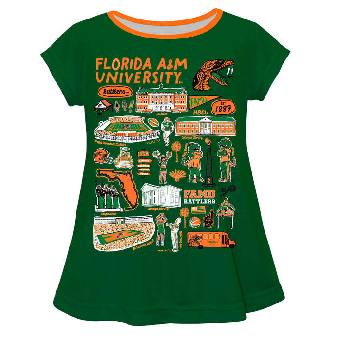 Florida A&M University Rattlers Hand Sketched Vive La Fete Impressions Artwork Green Short Sleeve Top