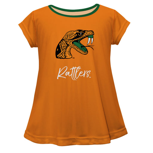 Florida A&M University Rattlers Vive La Fete Girls Game Day Short Sleeve Orange Top with School Logo and Name