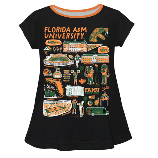 Florida A&M University Rattlers Hand Sketched Vive La Fete Impressions Artwork Black Short Sleeve Top
