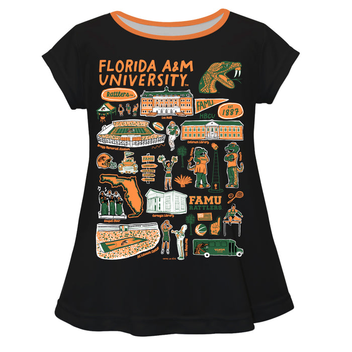 Florida A&M University Rattlers Hand Sketched Vive La Fete Impressions Artwork Black Short Sleeve Top