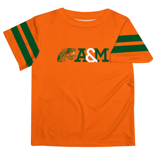 Florida A&M University Rattlers Vive La Fete Boys Game Day Orange Short Sleeve Tee with Stripes on Sleeves