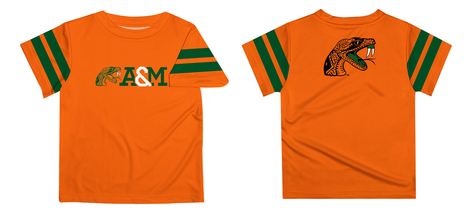 Florida A&M University Rattlers Vive La Fete Boys Game Day Orange Short Sleeve Tee with Stripes on Sleeves - Vive La Fête - Online Apparel Store