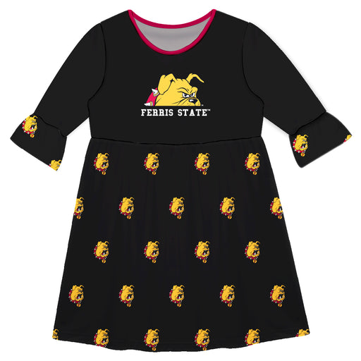 Ferris State University Bulldogs Vive La Fete Girls Game Day 3/4 Sleeve Solid Black All Over Logo on Skirt