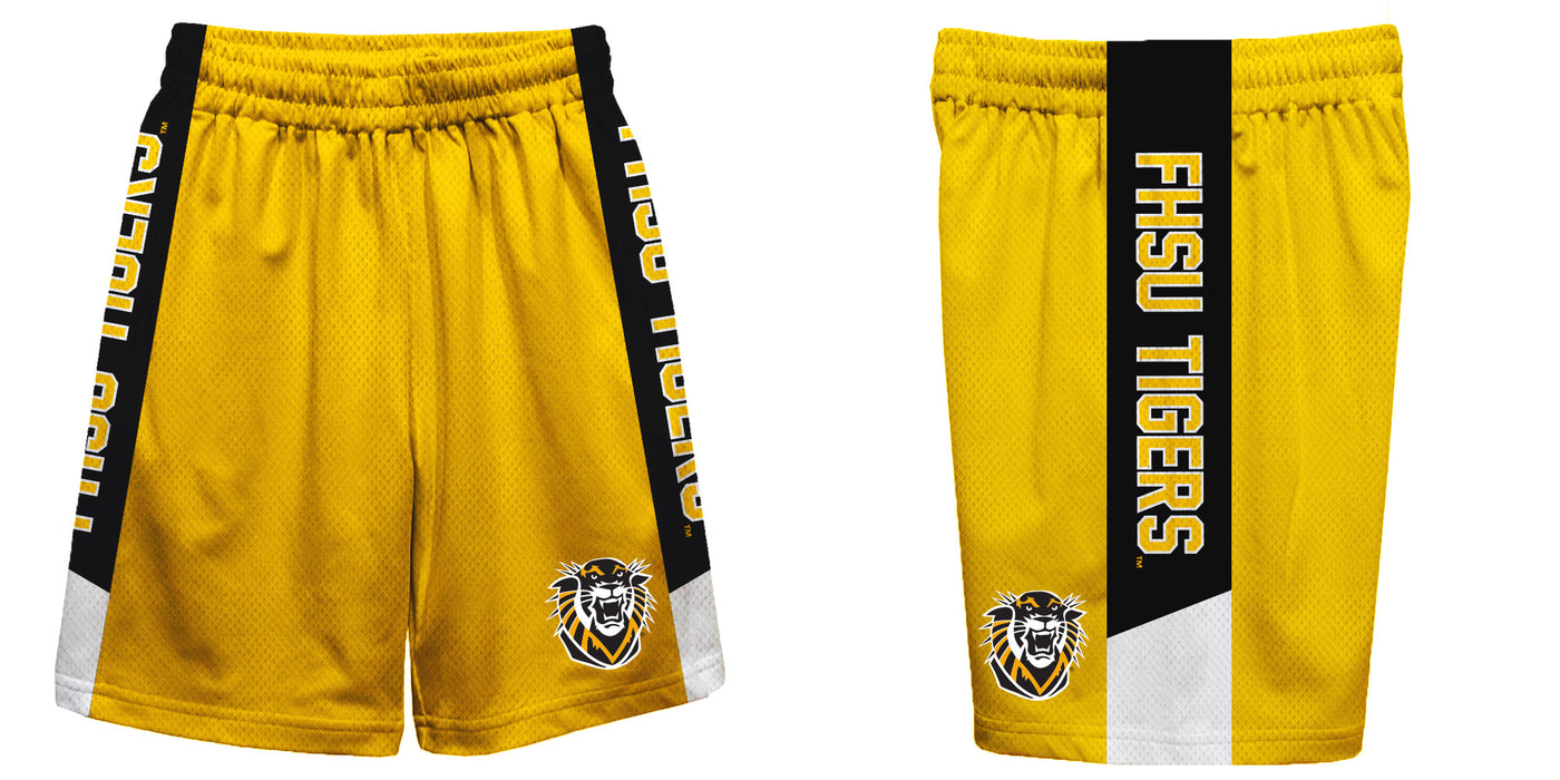Fort Hays State University Tigers FHSU Vive La Fete Game Day Gold Stripes Boys Solid Black Athletic Mesh Short - Vive La Fête - Online Apparel Store