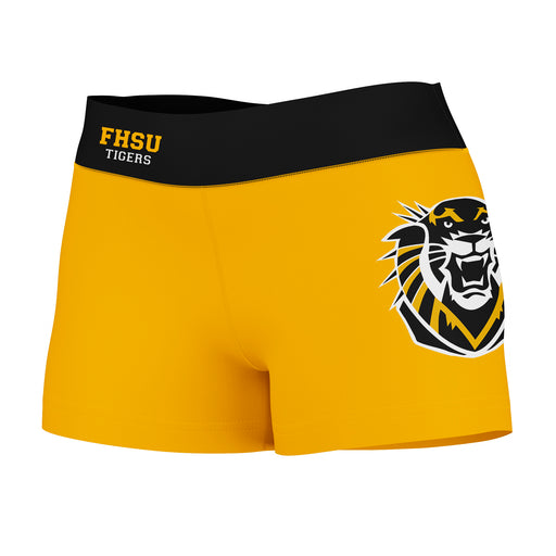 Fort Hays State Tigers Vive La Fete Logo on Thigh & Waistband Gold Black Women Yoga Booty Workout Shorts 3.75 Inseam