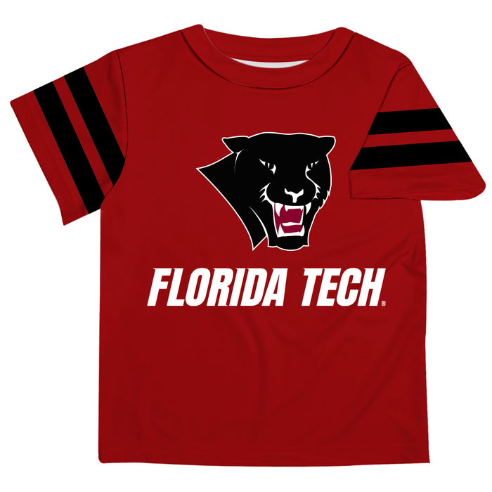 Florida Tech Panthers Vive La Fete Boys Game Day Red Short Sleeve Tee with Stripes on Sleeves
