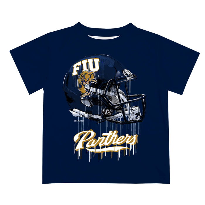 Florida International Panthers Original Dripping Football Helmet Navy T-Shirt by Vive La Fete