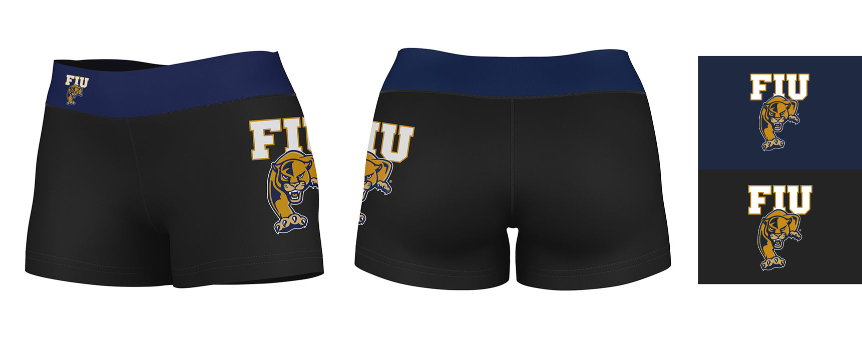 FIU Panthers Vive La Fete Game Day Logo on Thigh & Waistband Black & Navy Women Yoga Booty Workout Shorts 3.75 Inseam" - Vive La Fête - Online Apparel Store